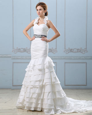 সেক্সি খোলা পিছনে স্তরযুক্ত বিবাহের পোষাক বেল্ট সঙ্গে, কম কোমর মহিলাদের বিবাহের পোশাক