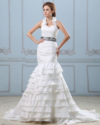 সেক্সি খোলা পিছনে স্তরযুক্ত বিবাহের পোষাক বেল্ট সঙ্গে, কম কোমর মহিলাদের বিবাহের পোশাক